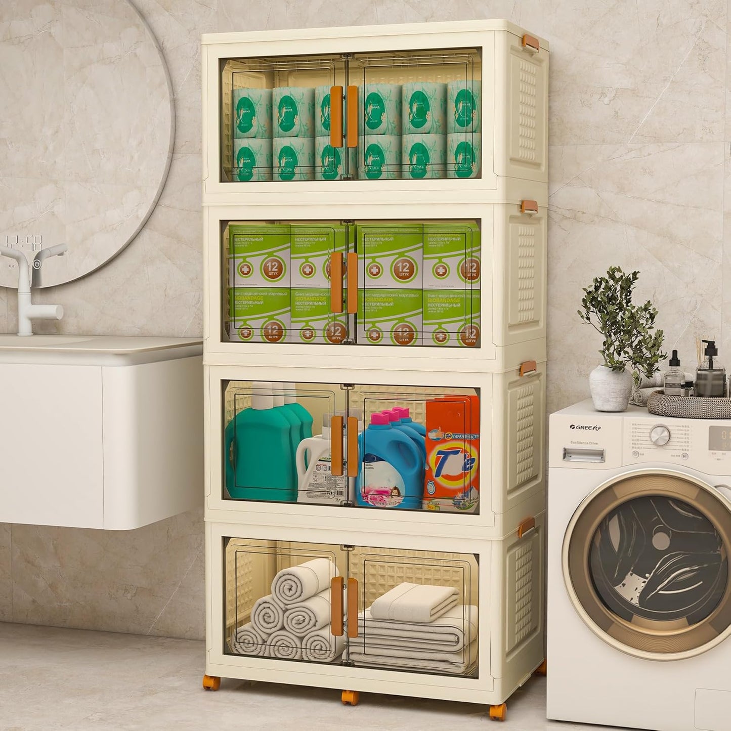 Plastic Stackable Storage Bins with Lids and Wheels, Foldable Closet Organizers and Storage Containers for Bathroom, Collapsible Clear Drawer Storage Cabinet with Doors White 45Gal 4Tiers