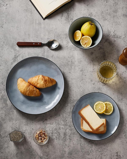 Famiware Dinnerware Sets for 4, Ocean Round 12-Piece Kitchen Plates and Bowls Sets, Reactive Glaze, Microwave and Dishwasher Safe, Scratch Resistant, Grey