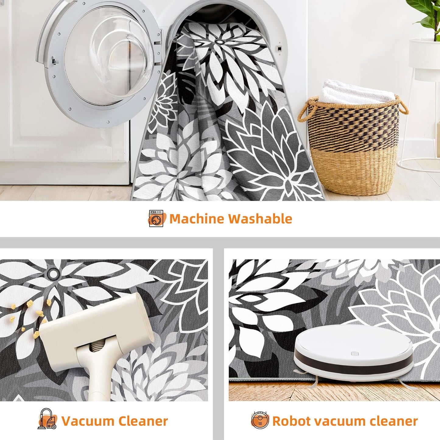 Indoor Outdoor Area Rug Washable Multicolored Rug Tropical Botanical Modern Floral Indoor Outdoor Carpet Black White Rug Non Slip Non Shedding for Patio, Deck, Backyard, Porch (9x12)