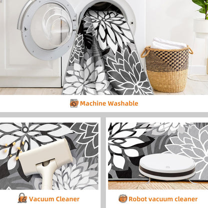 Indoor Outdoor Area Rug Washable Multicolored Rug Tropical Botanical Modern Floral Indoor Outdoor Carpet Black White Rug Non Slip Non Shedding for Patio, Deck, Backyard, Porch (6x9)