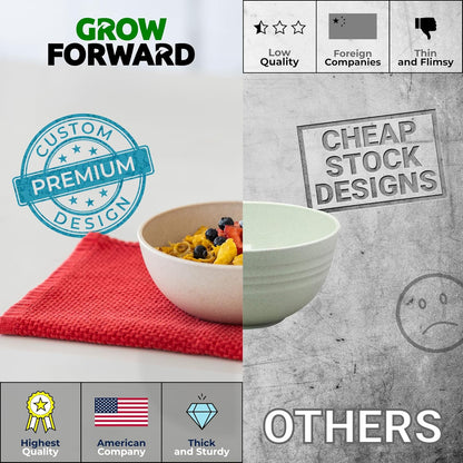 Grow Forward Premium Wheat Straw Bowls - 34oz Microwave Safe Plastic Cereal Bowls Set of 8 for Kitchen, Camping, RV, Dessert, Snack, Soup, Salad, Fruit - Reusable, Unbreakable & BPA Free - Sahara