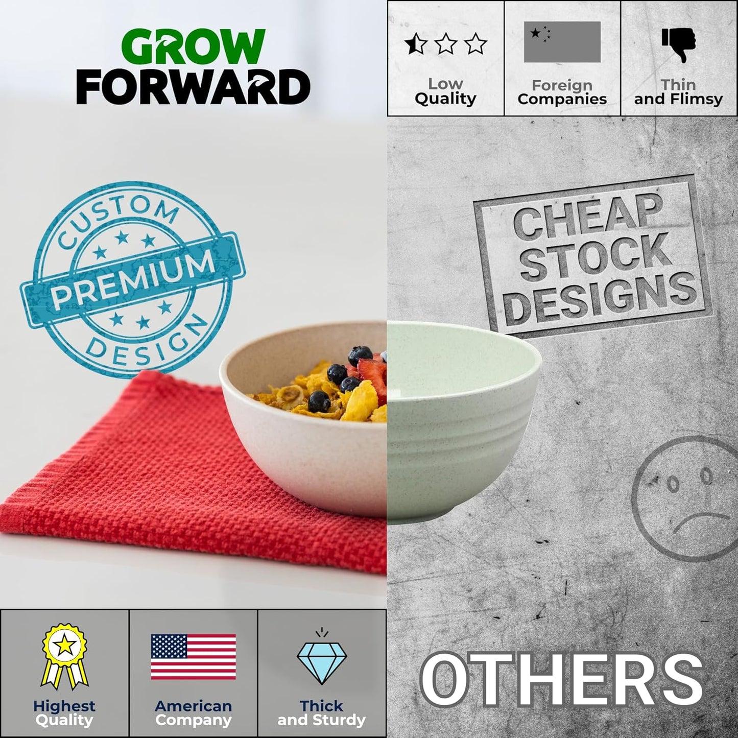 Grow Forward Premium Wheat Straw Bowls - 20oz Microwave Safe Plastic Cereal Bowls Set of 8 for Kitchen, Camping, RV, Dessert, Snack, Soup, Salad, Fruit - Reusable, Unbreakable & BPA Free - Sahara