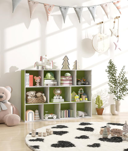11 Cube Small Kids Bookshelf & Toy Organizer – Wooden Cube Bookcase for Playroom Organization and Storage, Book Storage for Kids Room, Baby Bookshelf for Nursery, Green/White