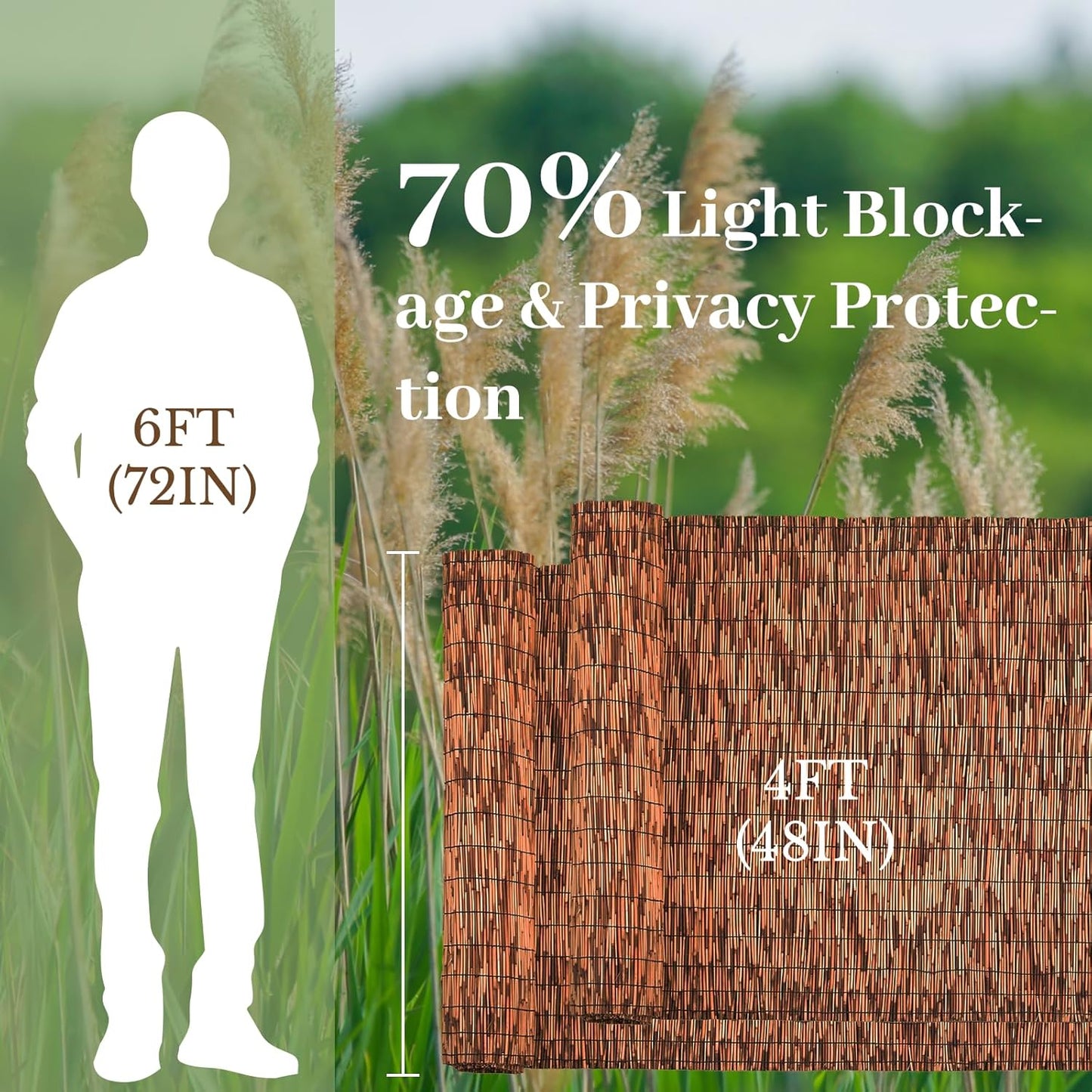 Brown 2 Pack 4FT X 16.4FT Reed Fencing Roll, Balcony Privacy Shade Reed Bamboo Fencing Garden Fence Border, Wind Block Sunshade Fence Screen for Outdoor Yard Patio Flower Bed Edge