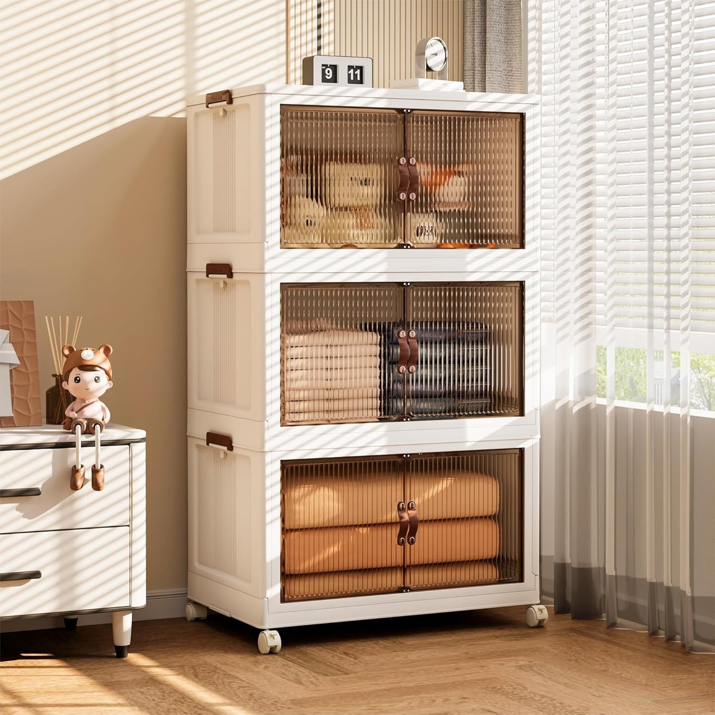 Jalove 88QT Plastic Storage Bins with lids, Stackable Collapsible Storage Containers with Wheels, Closet Organizer and Storage Drawers, Clothes Storage Cabinet for Home Office Garage, 3 Pack White