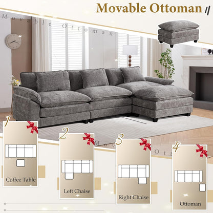 URRED Modular Sectional Sofa Comfy Cloud Couch, Modern Chenille Sofa Sleeper Deep Seat Couches with Ottoman/Pillows for Living Room (Gray, 117''- L Shape)