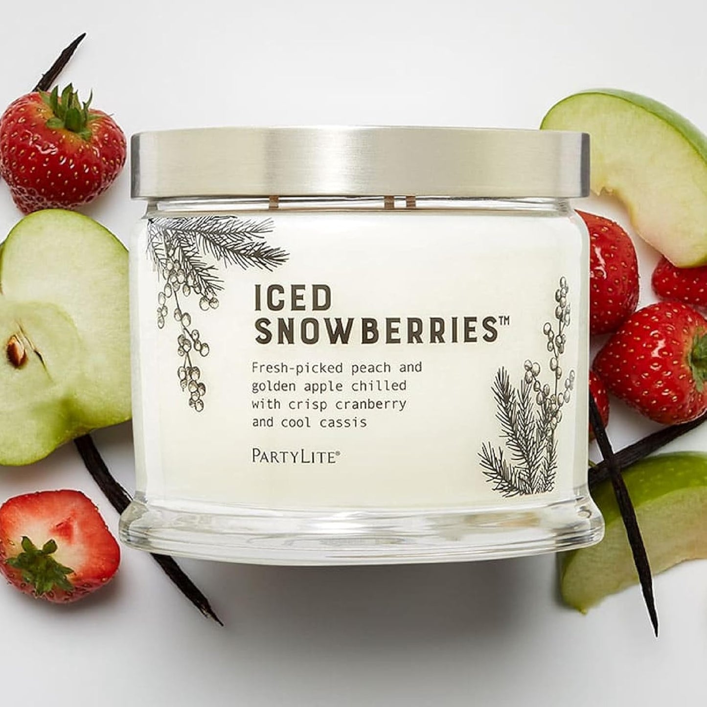 PartyLite Iced Snowberries Scented, Notes of Apple, Cassis, Cranberry, Peach, Strawberry, Berry, Vanilla & Musk,13.2oz 3-Wick Jar Candle, 45 Hour Burn Time, Luxurious Fragrance, Perfect for Gifting