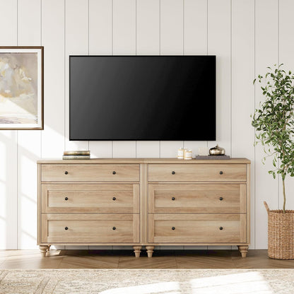 WAMPAT Kids Dresser for Bedroom with 6 Drawers, Oak Baby Dressers with Wide Chest of Drawers, Mid Century Modern Wooden Closet Storage Organizer, Large Wood Dressers for Living Room, Nursery, Hallway