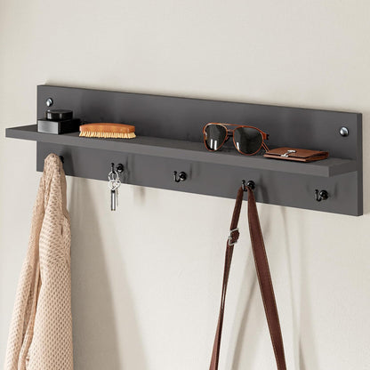 Modern Wall-Mounted Coat Rack with Shelf and Hooks - Wooden Entryway Organizer (Grey)