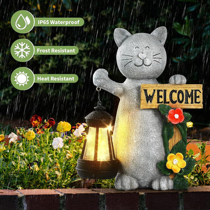 Json Garden Statue Solar Cat Figurine with Lantern, Solar Garden Decorations Statues for Patio, Balcony, Yard Ornament, Unique House Warming Gifts Figurine Lights, Gifts for Women, Mom