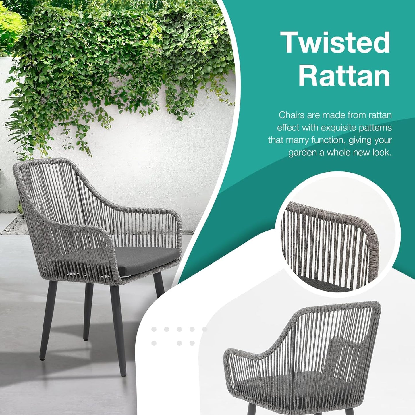 Patiorama Outdoor Dining Chairs, Patio Dining Chair Set of 4, All-Weather Woven Rope Rattan Chairs, Outdoor Dining Wicker Chairs with Armrests for Indoor Balcony Pool Backyard(Gray)