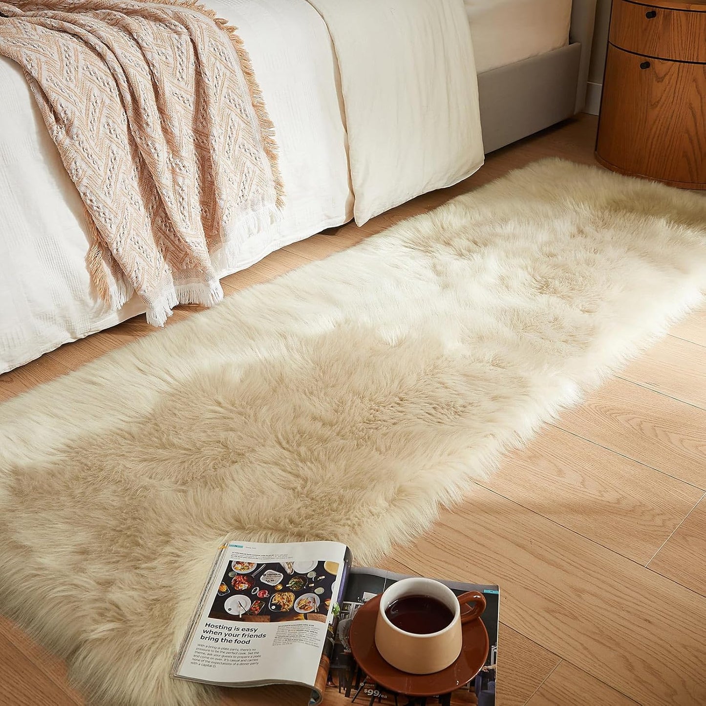 AMTOVO Faux Fur Rug, Beige Ultra Soft Fluffy Shag Sheepskin Rug, 2 x 6 ft Runner Area Rugs for Bedroom Sofa Throw Cushion Room Decor, Rectangle