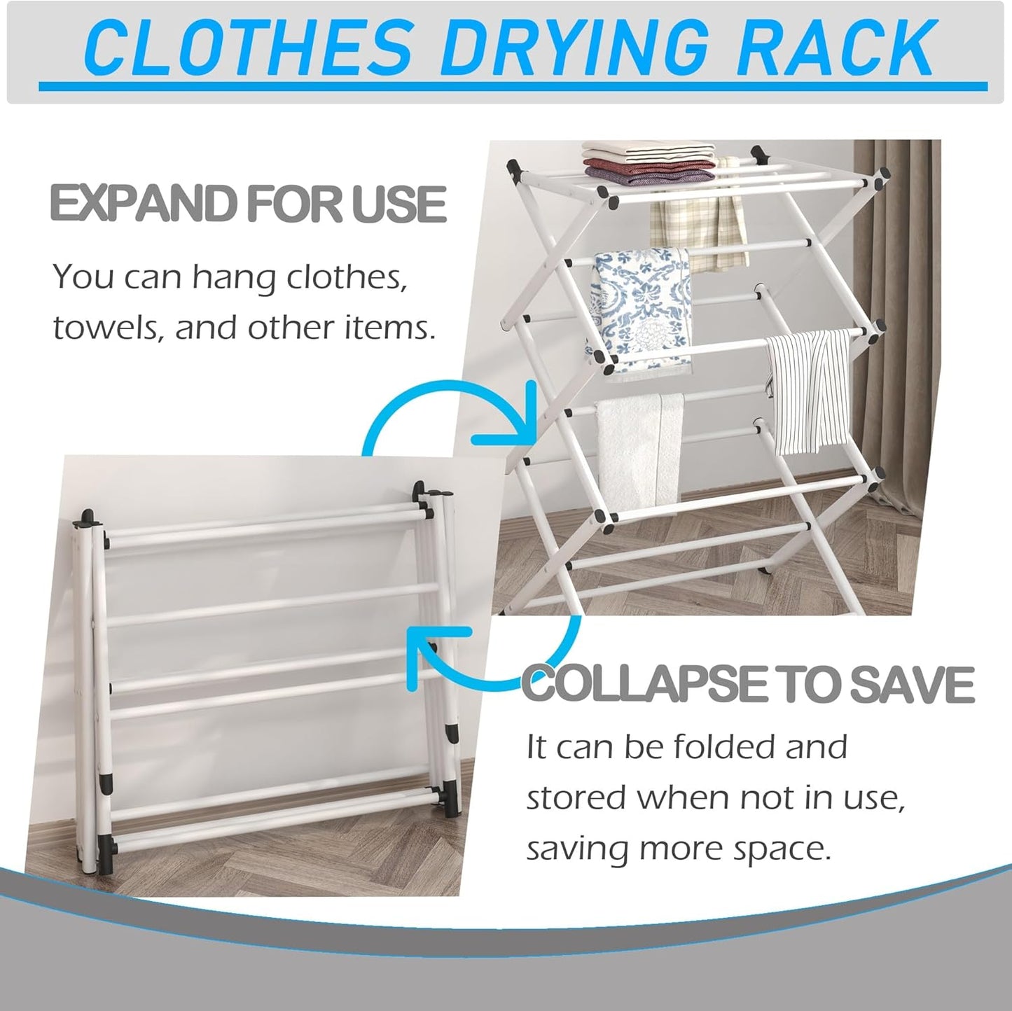 Household Indoor Folding Clothes Drying Rack, Dry Laundry and Hang Clothes,Towel Rack for Storage (White)