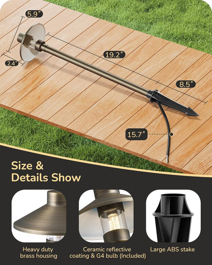 EDISHINE Solid Brass Low Voltage Pathway Lights Wired, 22" Tall 6" Shade, 4Pack Heavy Duty LED Landscape Lighting with G4 Bulb, 12V 350LM 3000K Waterproof Outdoor Landscape Path Light with Large Stake
