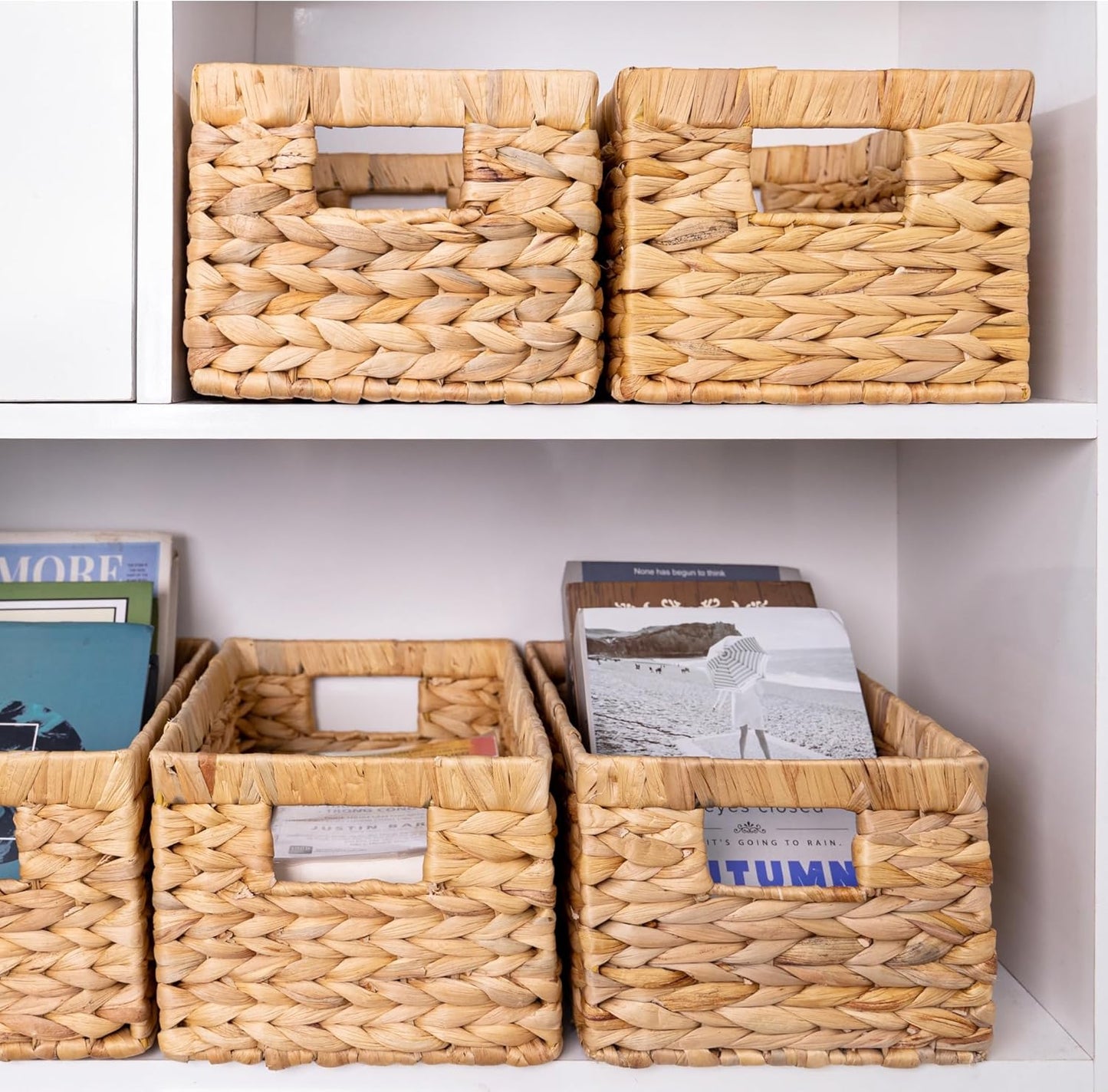 Set of 3 Water Hyacinth Storage Baskets – Wicker Baskets for Shelves, Decorative Woven Organizer Bin for Bathroom, Closet, or Pantry (3-Pack Medium)