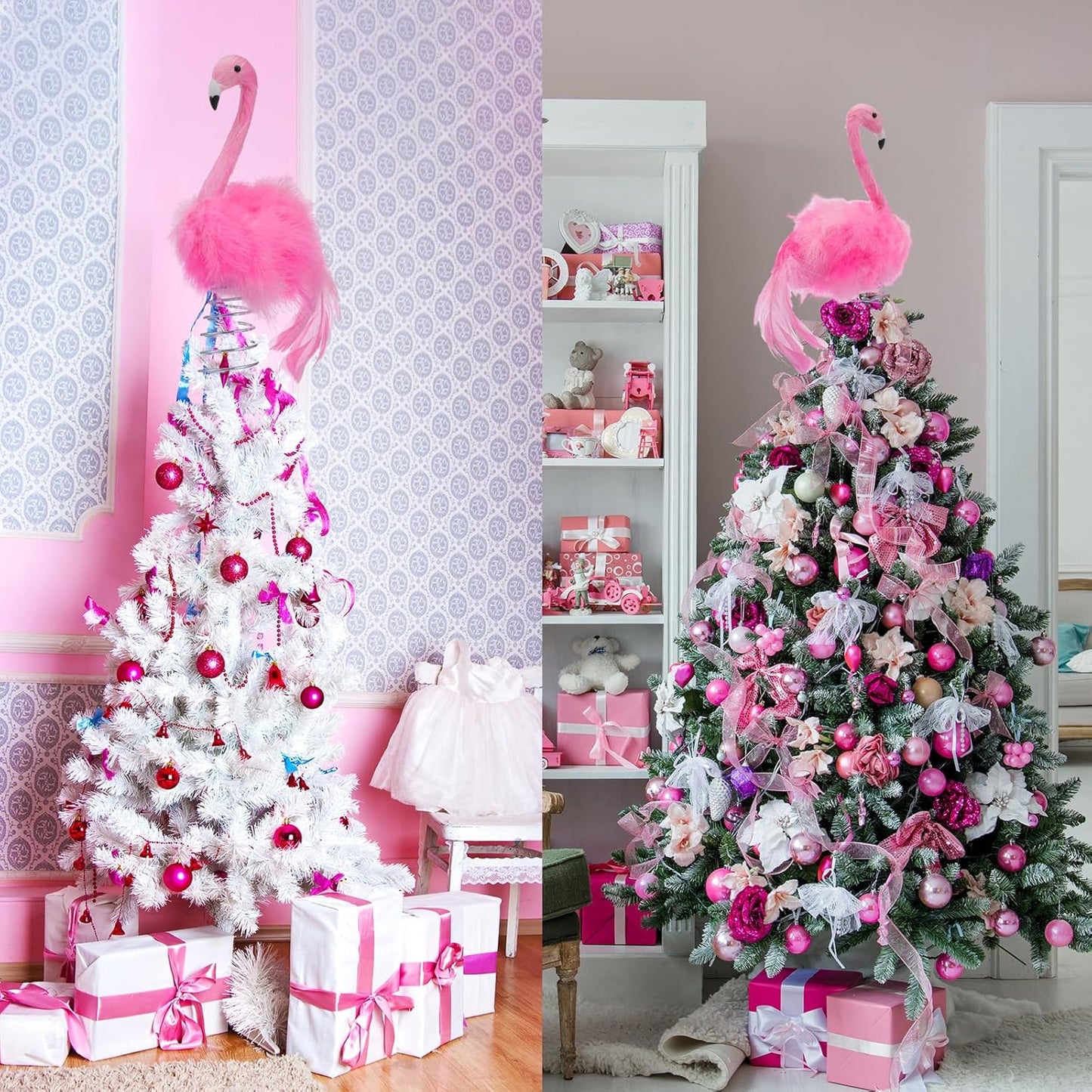 Retisee Flamingo Christmas Tree Topper Artificial Feather Flamingo Christmas Flamingo Tree Topper Decoration Pink Flamingo Decoration for Christmas Garden Indoor Outdoor Holiday Ornament Party