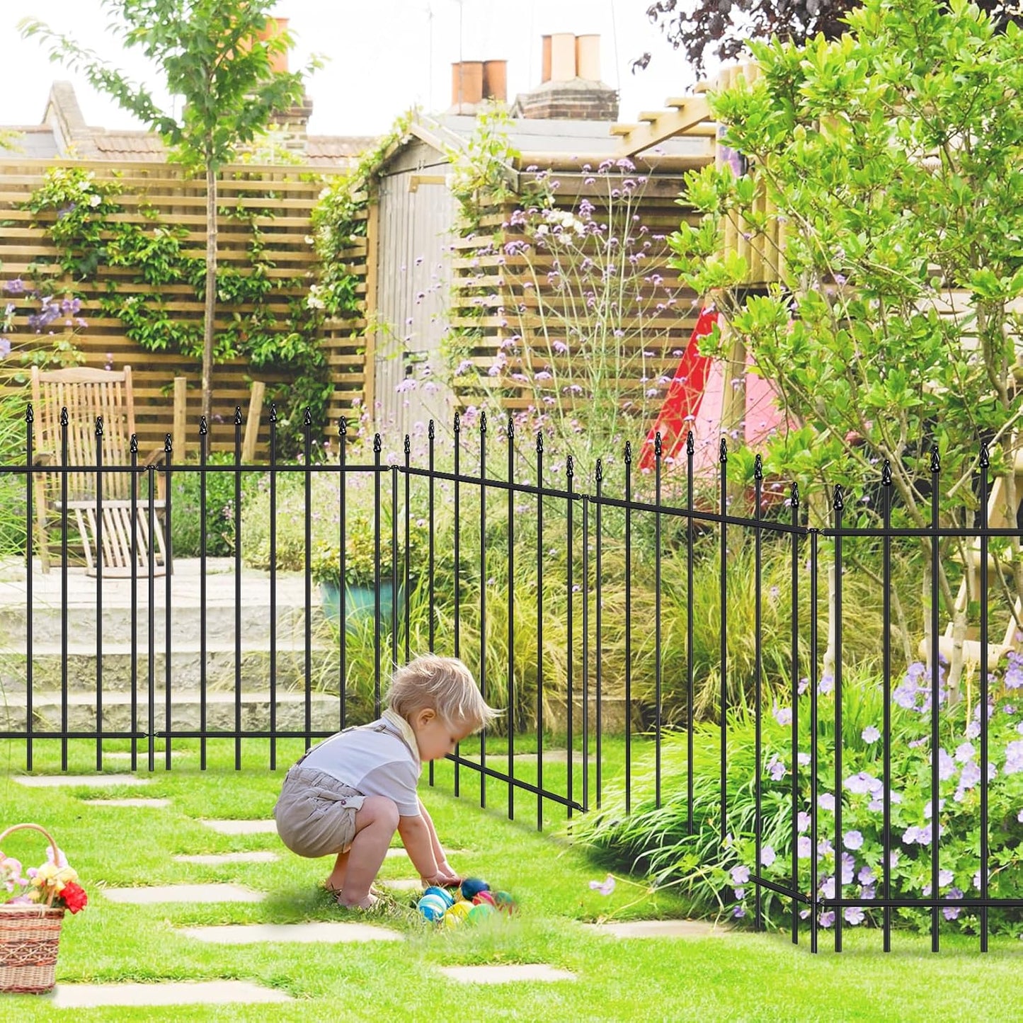 Metal Garden Fence 36 in H x 12 ft L, 6 Panels + 7 Stakes Border Dog Fence Panels Animal Barrier, No Dig Garden Fencing for Yard Patio Flower Bed Lawn Outdoor, Arch Black