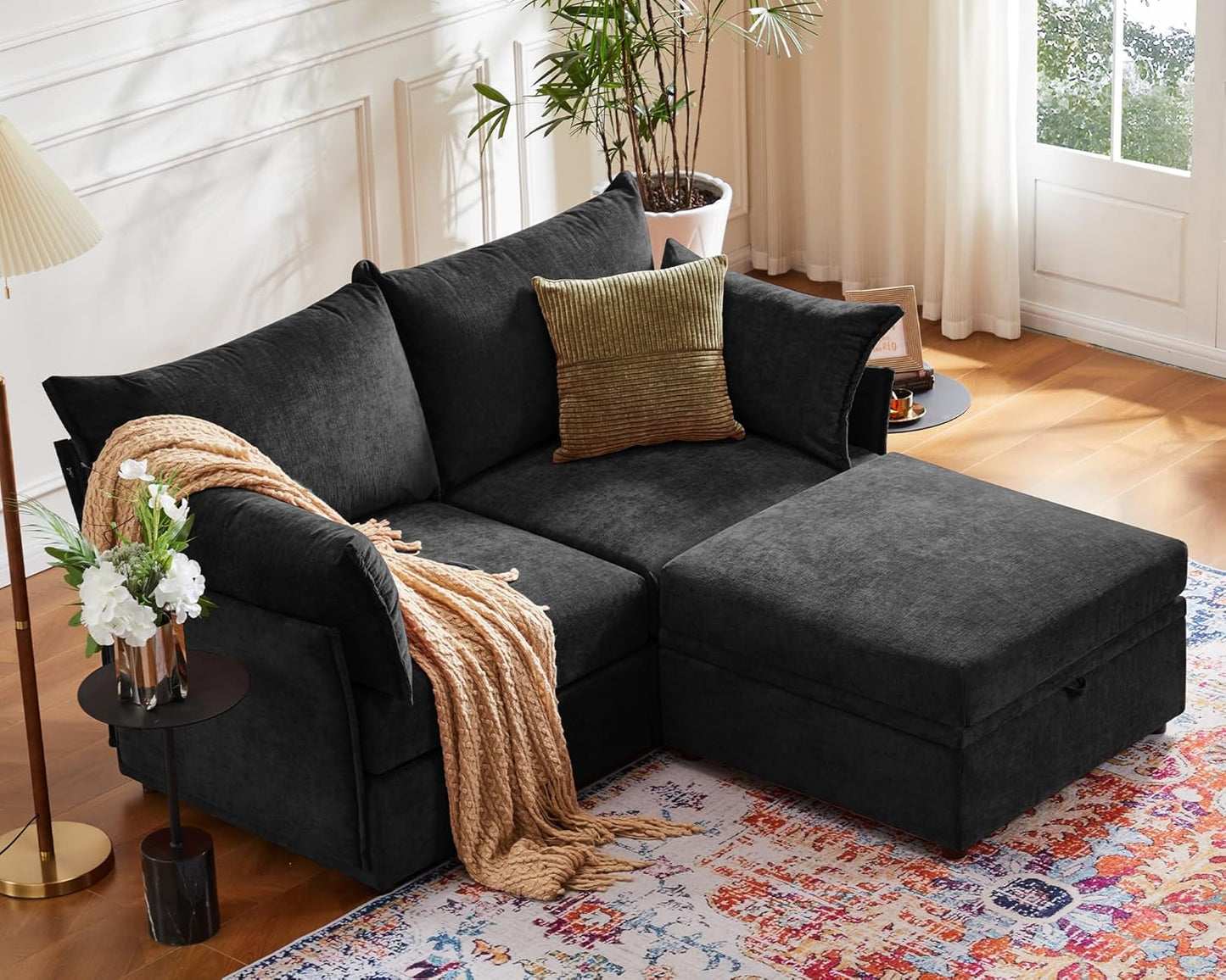 Oversized Loveseat Sofa, Modern Modular Sectional Couch Black Fluffy Chenille Mid Century 2-Seat 24.5" Deep Seat for Apartment, Living Room, Bedroom