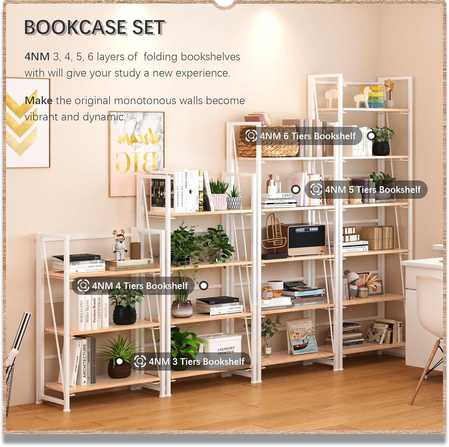 4NM No Assembly Foldable Bookshelf, 6-Shelf Collapsible Bookcase Storage for Small Spaces, 74" H, Natural White
