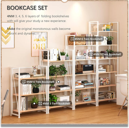 4NM No Assembly Foldable Bookshelf, 6-Shelf Collapsible Bookcase Storage for Small Spaces, 74" H, Natural White