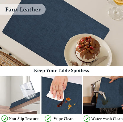 FROMHEART Faux Leather Placemats Set of 4–Waterproof,Heat/Oil Stain-Resistant PU Table Mat–Reversible,Non-Slip,Easy to Clean Place Mats for Kitchen,Dining,Indoor/Outdoor,(Dark Blue,11.8" x 17")