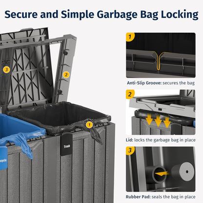 EAST OAK 62 Gallon Outdoor Trash Can | Waterproof Resin Garbage Can with Recycle and Garbage Labels | Secure Bag Lip Lock and Drip Tray | Outside Trash Bin for Patio | Kitchen, Backyard or Deck | Gray