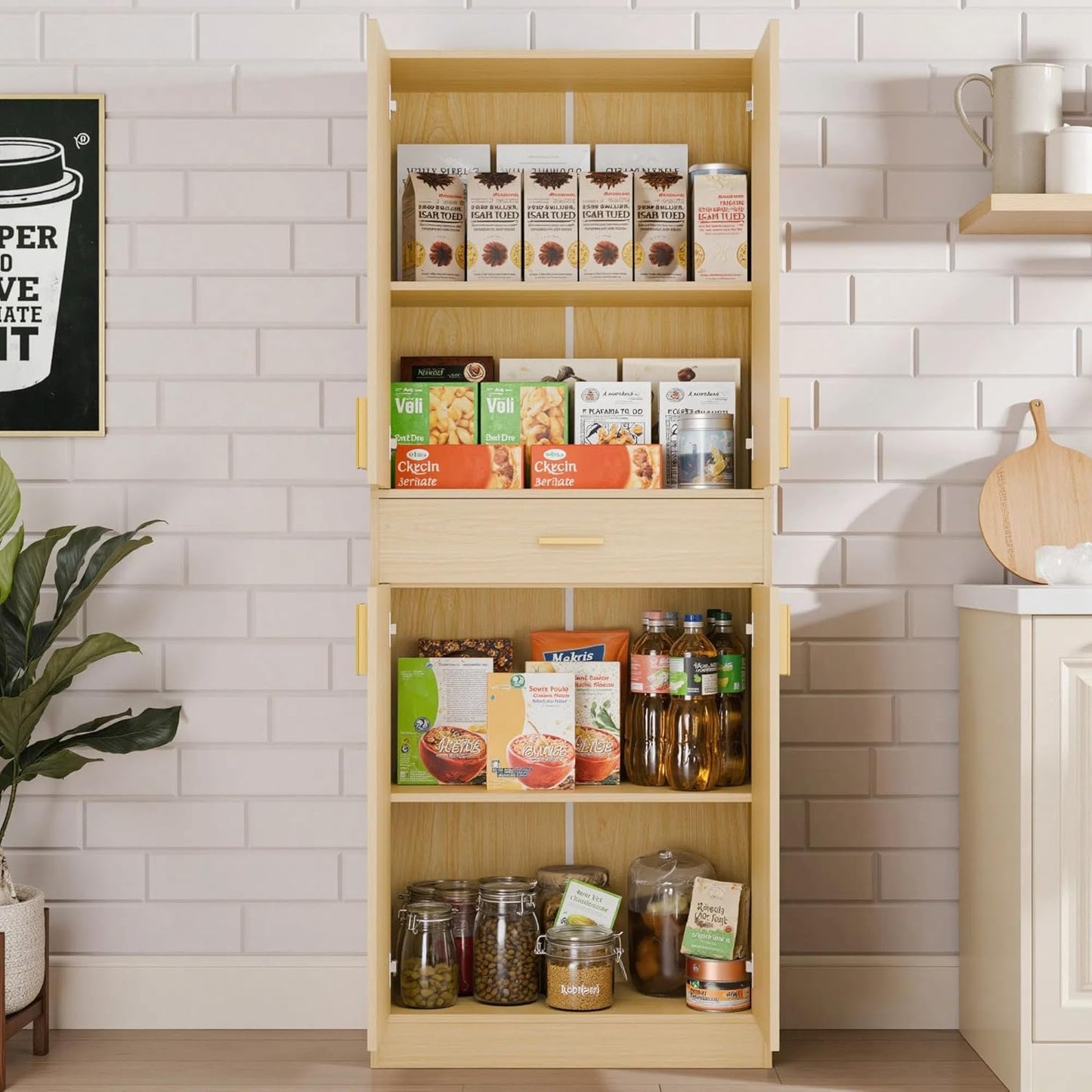 Cozy Castle Pantry Cabinet, 71" Tall Kitchen Storage Cabinet with Doors and Shelves, Freestanding Wood Cupboard Utility Hutch with Drawer for Dining Room Living Room Bathroom Furniture, Oak