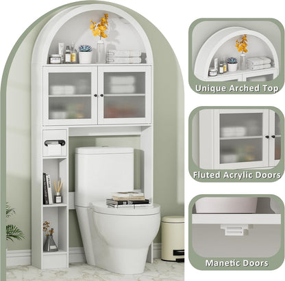 Over The Toilet Storage Cabinet, 31''W Arched Space-Saving Bathroom Organizer with Adjustable Shelf and Acrylic Doors, Freestanding Over Toilet Cabinet for Bathroom, Laundry, Restroom (White)