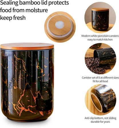 Ceramic Canister Set with Bamboo Airtight Lids, 3-Piece Kitchen Storage Jars (48oz, 30oz, 12oz) – Black with Gold Marble Pattern, Glossy Finish, for Coffee, Sugar, Flour & More