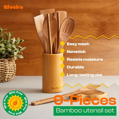 Riveira Dark Bamboo Wooden Spoons for Cooking 9-Piece with Holder, Apartment Essentials Wood Spatula Spoon Nonstick Kitchen Utensil Set Premium Quality Housewarming Gifts for Everyday Use