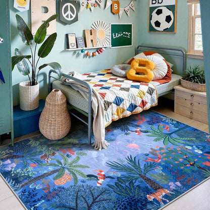 LIVEBOX Washable Jungle Animal Print 5x7 Blue Rug for Living Room, Non-Slip Kids Bedroom Rugs for Boy Playroom Kid Baby Room, Soft Stain Resistant Blue and Green Rug for Nursery Boy Dining