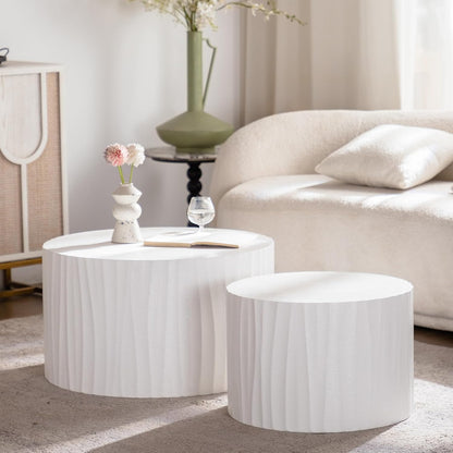 Nesting Round Coffee Table Set of 2, 26.77" (W) Circle Accent End Table with Water Ripple Pattern, Morden Drum Side Table, Wooden Center Table for Living Room, Fully Assembled - White