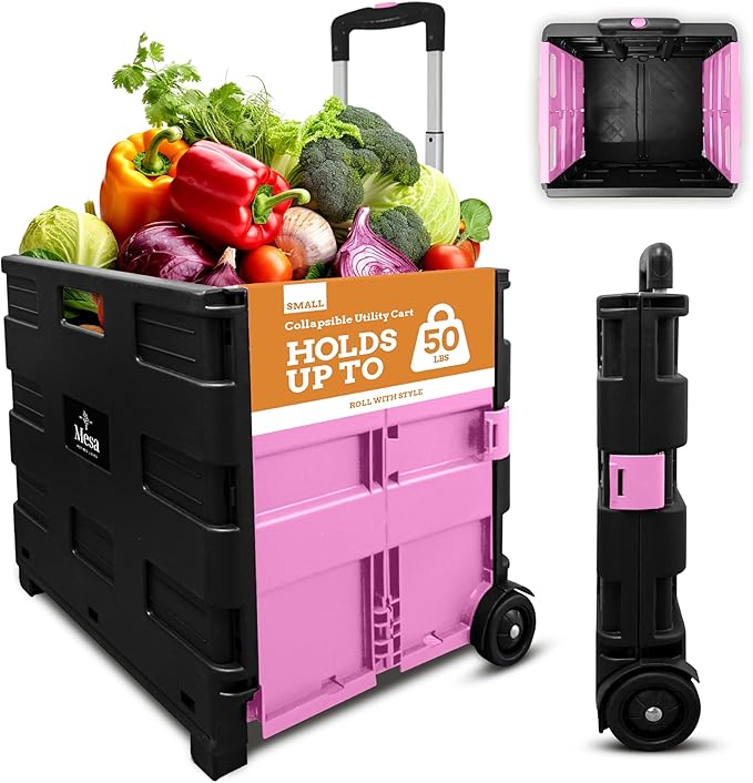 Inspired Living Ultra-Slim Rolling Collapsible Storage Pack-N-Roll Utility-carts, with Telescopic Handle, for Home, Garden, Shopping, Office, School use, Medium, Pink & Black