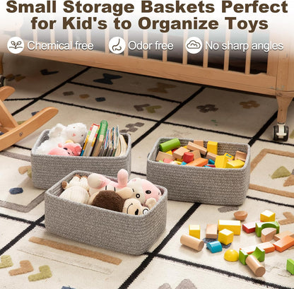 3 Pack Small Storage Baskets for Organizing, Cute Woven Decorative Gift Baskets for Shelves, Mini Closet Organizer Bins with Handles, 11.81''Lx7.87''Wx4.72''H-Grey
