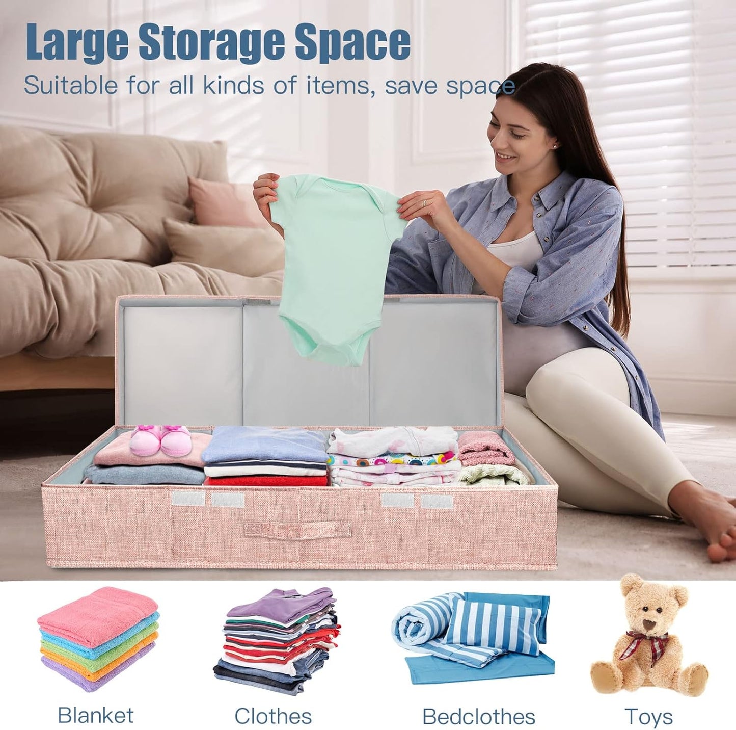 Underbed Storage Containers Bin with Lids, Large Under Bed Storage Organizer Box with Handle, Foldable Under the Storage Bags for Organizing Clothes, Shoes, Blankets, Pillows