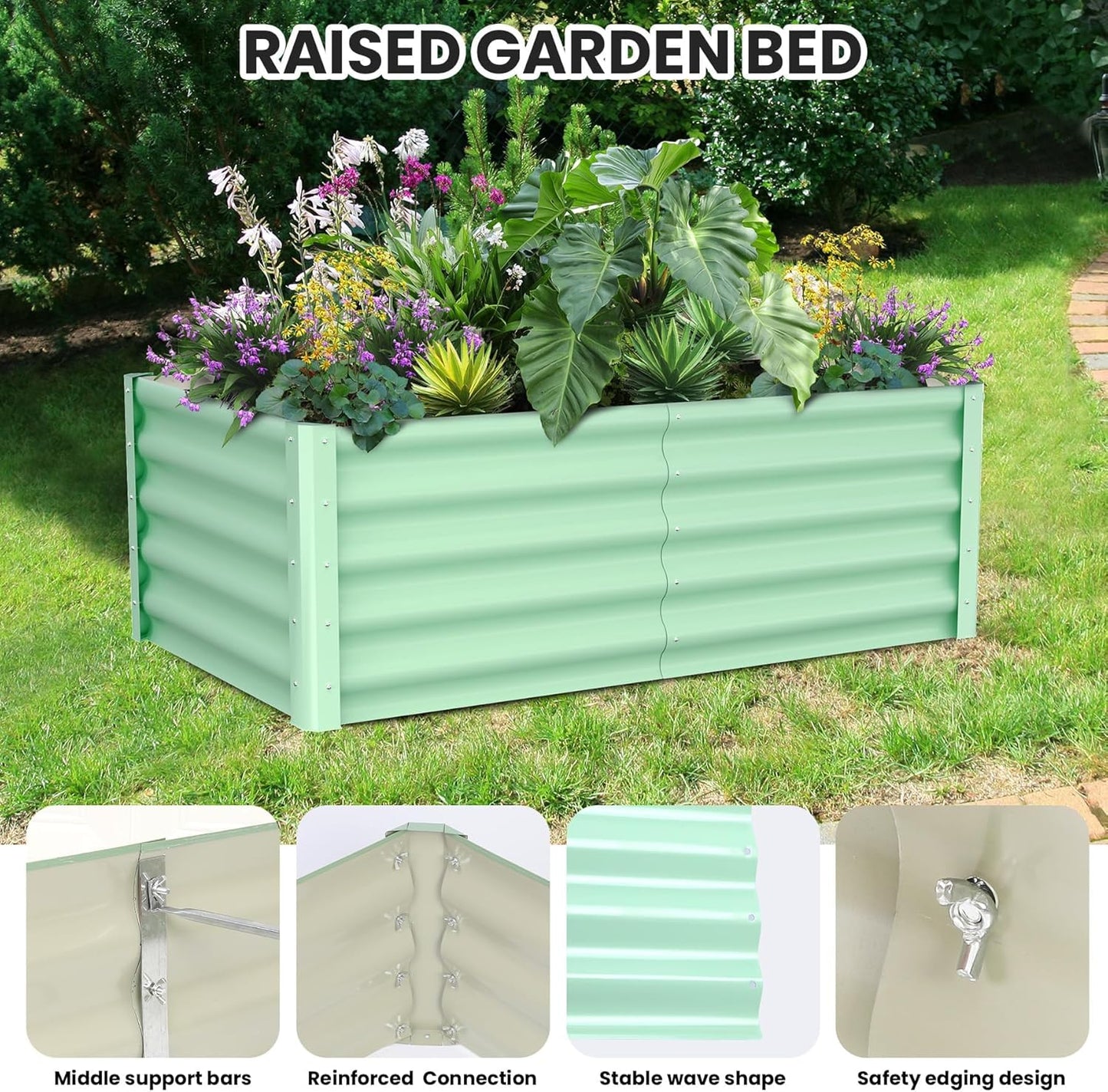 Large Outdoor Planter Boxes Kit Set of 2, 6x3x1.5ft Galvanized Raised Bed Planter with Open-Ended Base Design, Elevated for Outdoor Plants, Durable Raised Bed for Gardening,Green