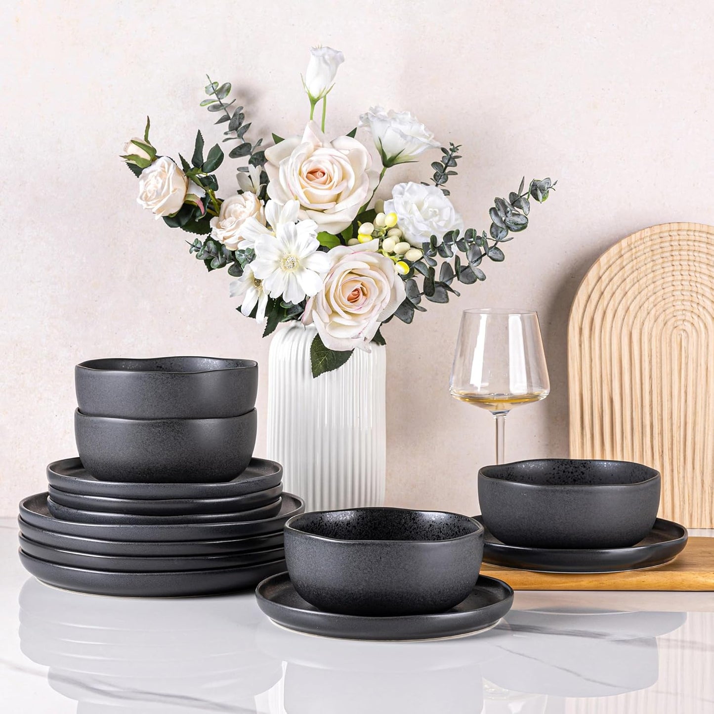AmorArc Ceramic Dinnerware Sets, Wavy Rim Stoneware Plates and Bowls Sets, Highly Chip and Crack Resistant | Dishwasher & Microwave Dishes set, Service for 4 (12pc)-Speckled Matte Black