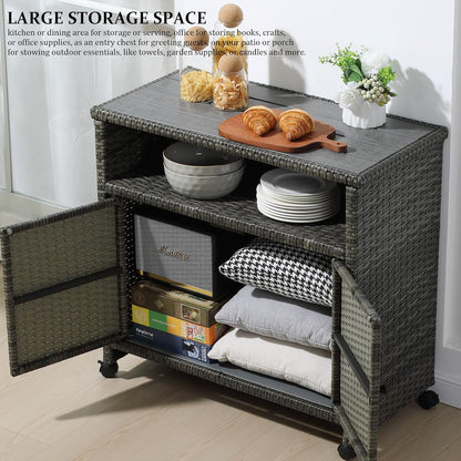 Outdoor Wicker Storage Cabinet,Patio Bar Table with Wheel, Outdoor Buffet Cabinet Movable, Garden Weather-Proof Bar Table/Cart for Indoor&Outdoor (Morden Gray)