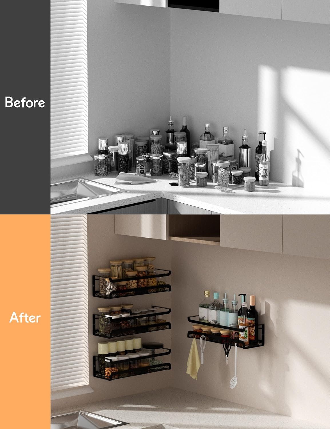 Spice Rack Wall Mount with Hooks - Spice Racks Organizer for Cabinet Storage, Wall Mounted Hanging Shelf Seasoning Organizer, for Kitchen, Pantry Door, Bathroom (Black, 4 Pack)