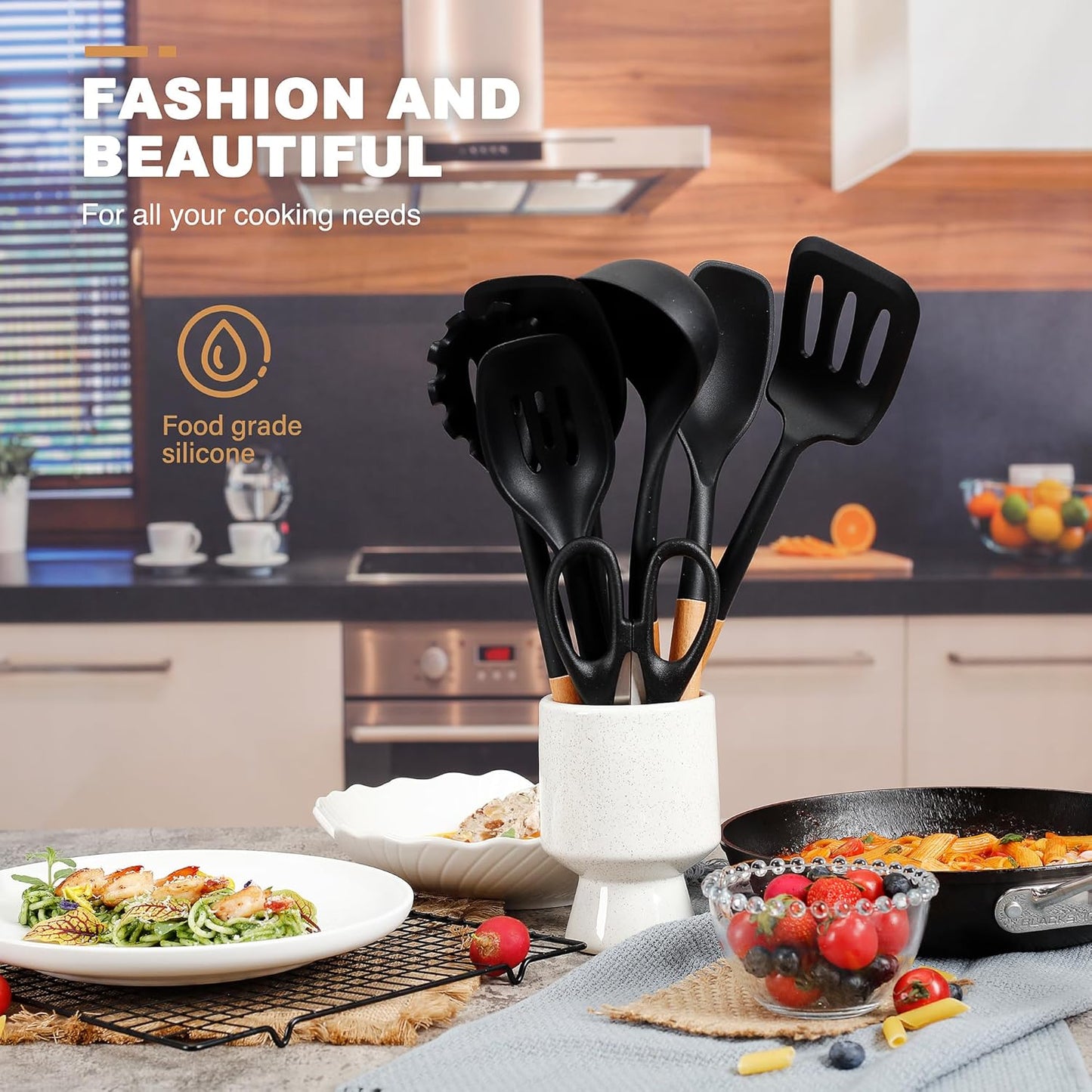 QMVESS Silicone Cooking Utensils Set, Kitchen Utensils Set 7 Pcs with Long Wooden Handle, Food Grade and Heat Resistant Large Silicone Spatula Set for Nonstick Cookware, BPA Free（Black）