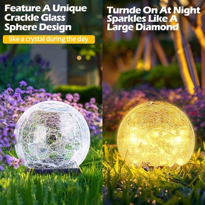 Garden Solar Ball Lights Outdoor Waterproof, 30 LED Cracked Glass Globe Solar Power Ground Lights for Path Yard Patio Lawn, Christmas Decoration Landscape Warm White(2 Pack 3.9'')