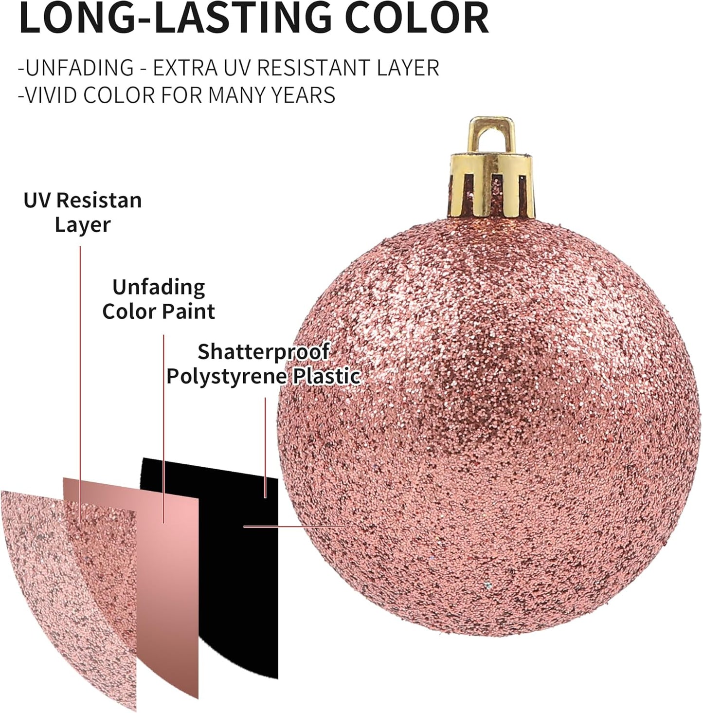 LANGXUN 36pcs Rose Gold Christmas Tree Decorations Balls, Bolas De Navidad, 2025 Christmas Decor, Indoor Outdoor Shatterproof Christmas Ornaments, Xmars Party Wedding Suppiles