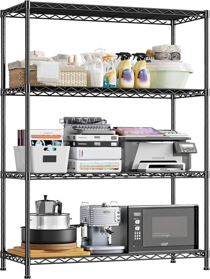 4- Shelf Metal Shelving Unit Adjustable Storage Shelves Heavy Duty Garage Shelving Steel Wire Shelving for Laundry Bathroom Kitchen Pantry Closet Garage Black, 35.6Wx16Dx54H