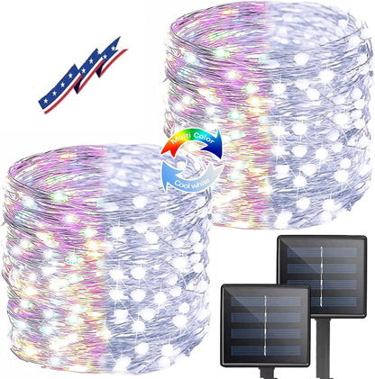 (Cool White ⇋ Multicolor) Solar Christmas String Lights Outdoor, 2-Pack 80FT 200 LED Waterproof Silver Wire, Solar Twinkle Lights with 8 Modes Solar Fairy Light for Tree Garden Wedding Christmas Decor