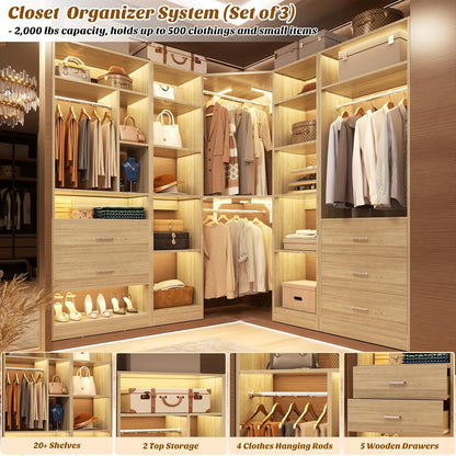 Corner Closet System with 5 Drawers, Closet Organizer System with 15+Shelvess & 4 Hanging Rods, 63.2"L * 63.2"W / 87.2"L * 39.2"W Reversible L Shaped Walk-in Closets, Load 2500+LBS, White Oak