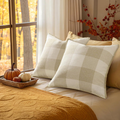 decorUhome Buffalo Plaid Check Fall Throw Pillow Covers 20x20 Set of 2, Outdoor Decorative Farmhouse Pillow Covers with Stitched Edge for Bed Couch Sofa, Cream White and Beige