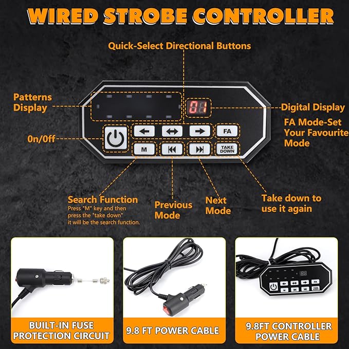 14 Inch 20 Modes 102LED Rooftop Magnetic Strobe Lights, Emergency Traffic Warning Flashing Beacon Light Bar with Controller for Trucks, Cars, Vehicles and Snowplows, Amber/White