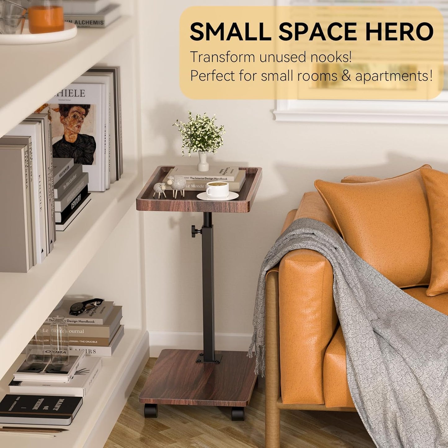 C Table End Table Adjustable Height, 360°Swivel TV Tray Table for Small Spaces, Couch Tables That slide under, C Shaped Side Tables living room and bedroom for Sofa, Bed,Chair, Snack (Walnut Brown)