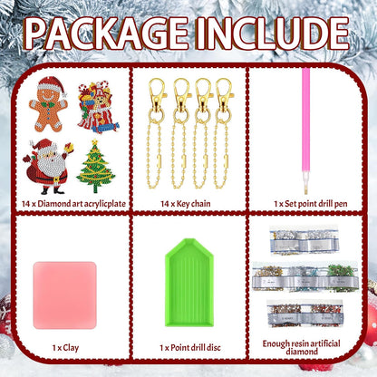 Equsion 14 Pcs Diamond Art Christmas Ornaments Christmas Diamond Painting Keychains Kits 5d DIY Hanging Double Sided Diamond Art Key Ring Painting Key Chain Family Decor Rhinestone Pendant