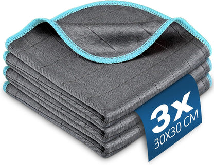 Airlab Carbon Microfiber Towels for Car Glass Window Polishing Cleaning Cloth Auto Detailing Lint Free Streak Free Drying Car Wash Towel, Pack of 3, 12" x 12", Grey-Blue